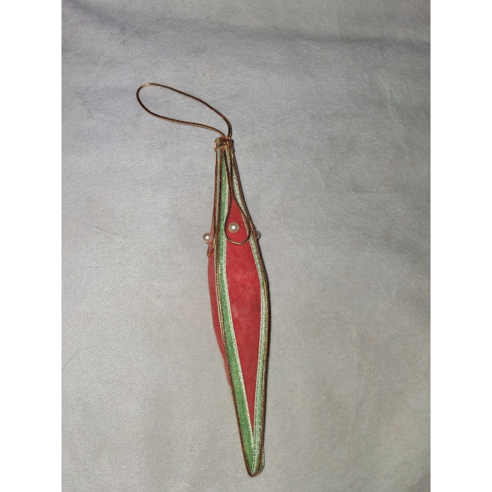 Vintage Handmade Satin Ribbon Teardrop Christmas Ornament 7" Pink Green Gold Pea